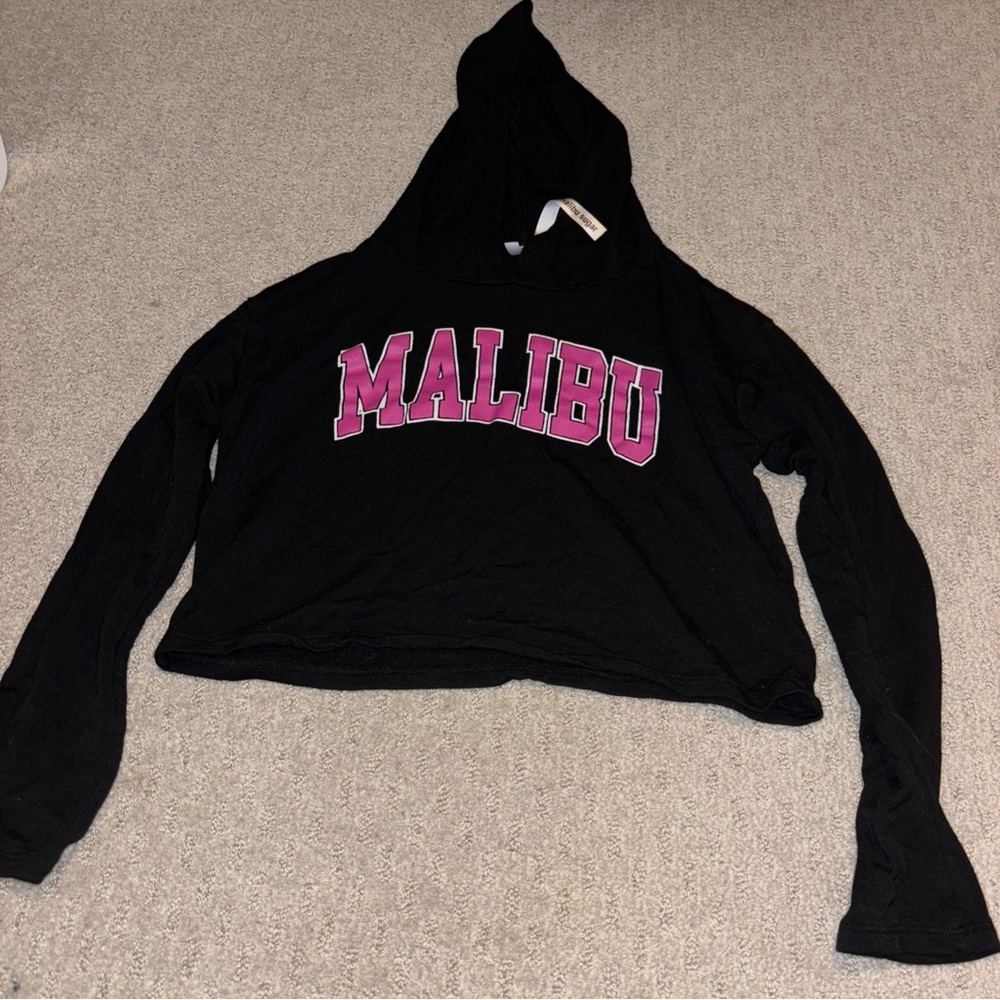 Malibu Sugar Black crop Hoodie with Pink 'Malibu' Print